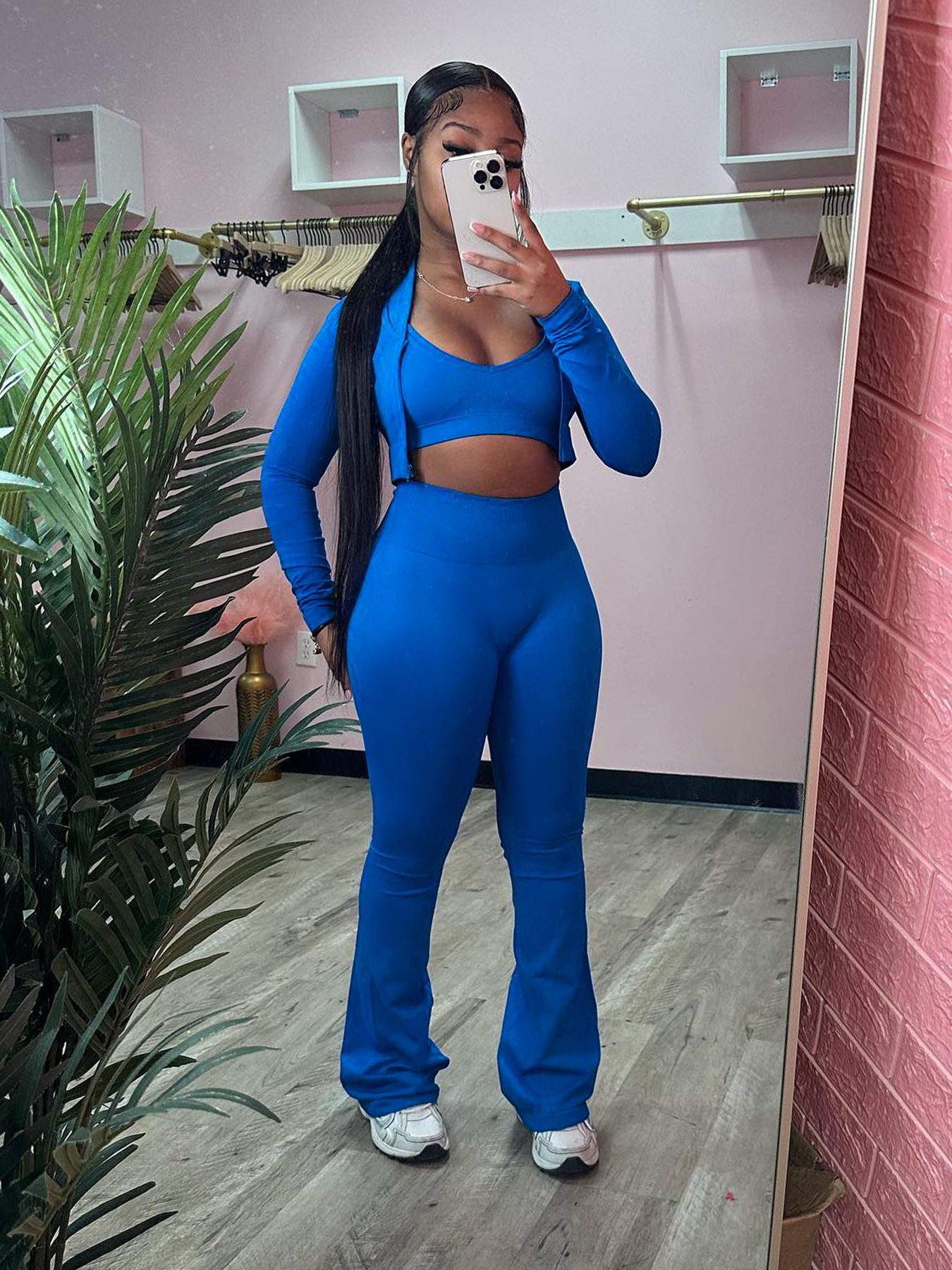 Women Clothing Basic Solid Color Short Top High Waist Bootcut Sports Casual Three Piece Suit Suit