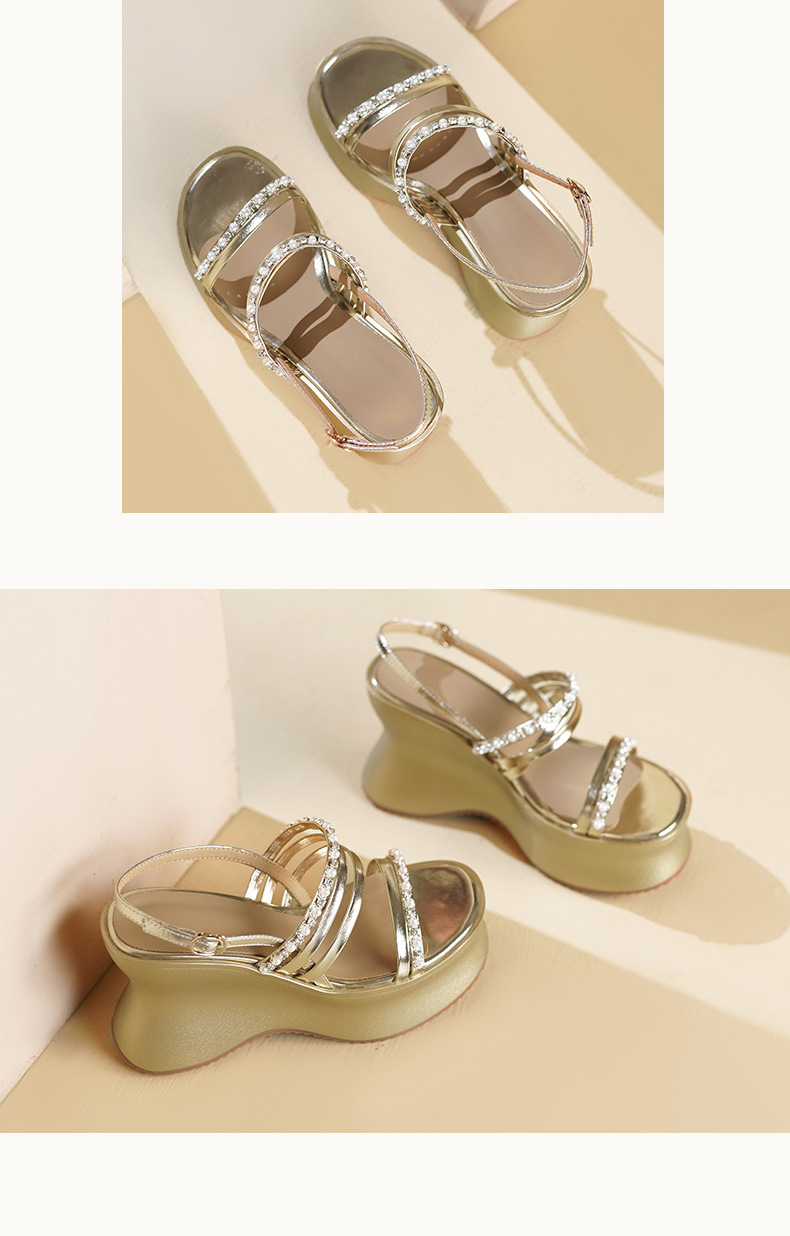 Sandal cao gót nữ quai ngang đính đá phong cách La Mã, đế xuồng dày, gót cao 9 cm — Màu vàng, Màu bạc chi tiết 6