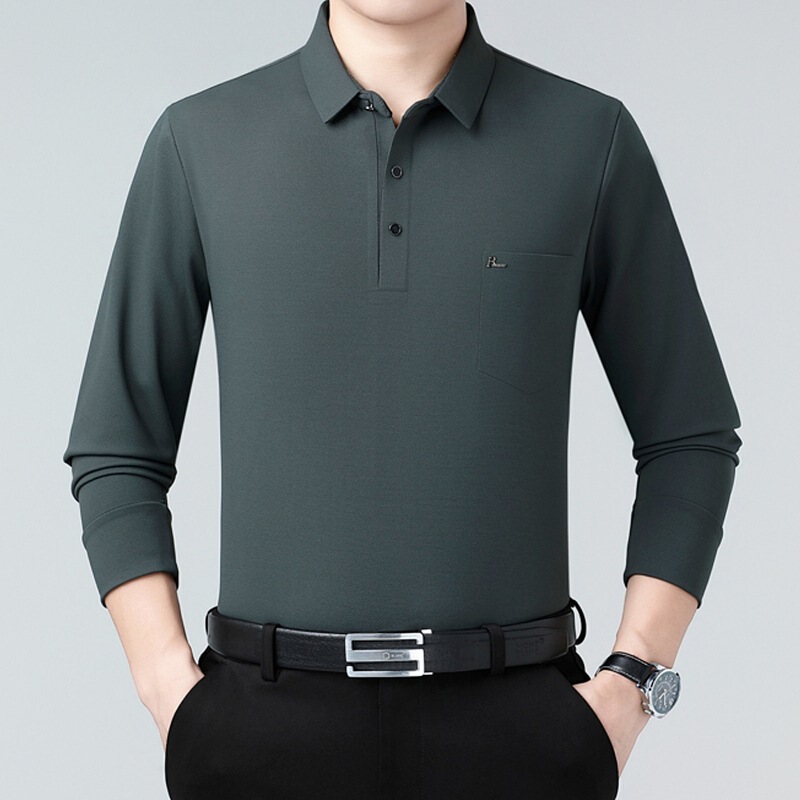 High-end designer long-sleeve polo shirt for middle-aged men, business casual dad-style top, fashionable cashmere T-shirt
