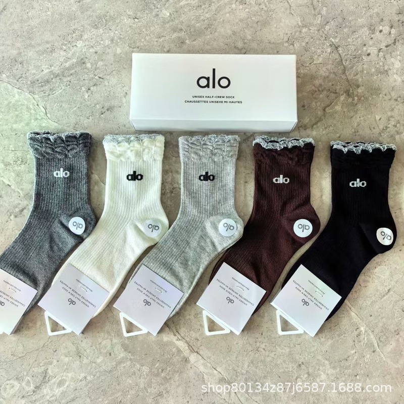 新品alo男女5双盒装运动短袜四季吸汗纯色网眼棉袜时尚男女情侣袜|undefined