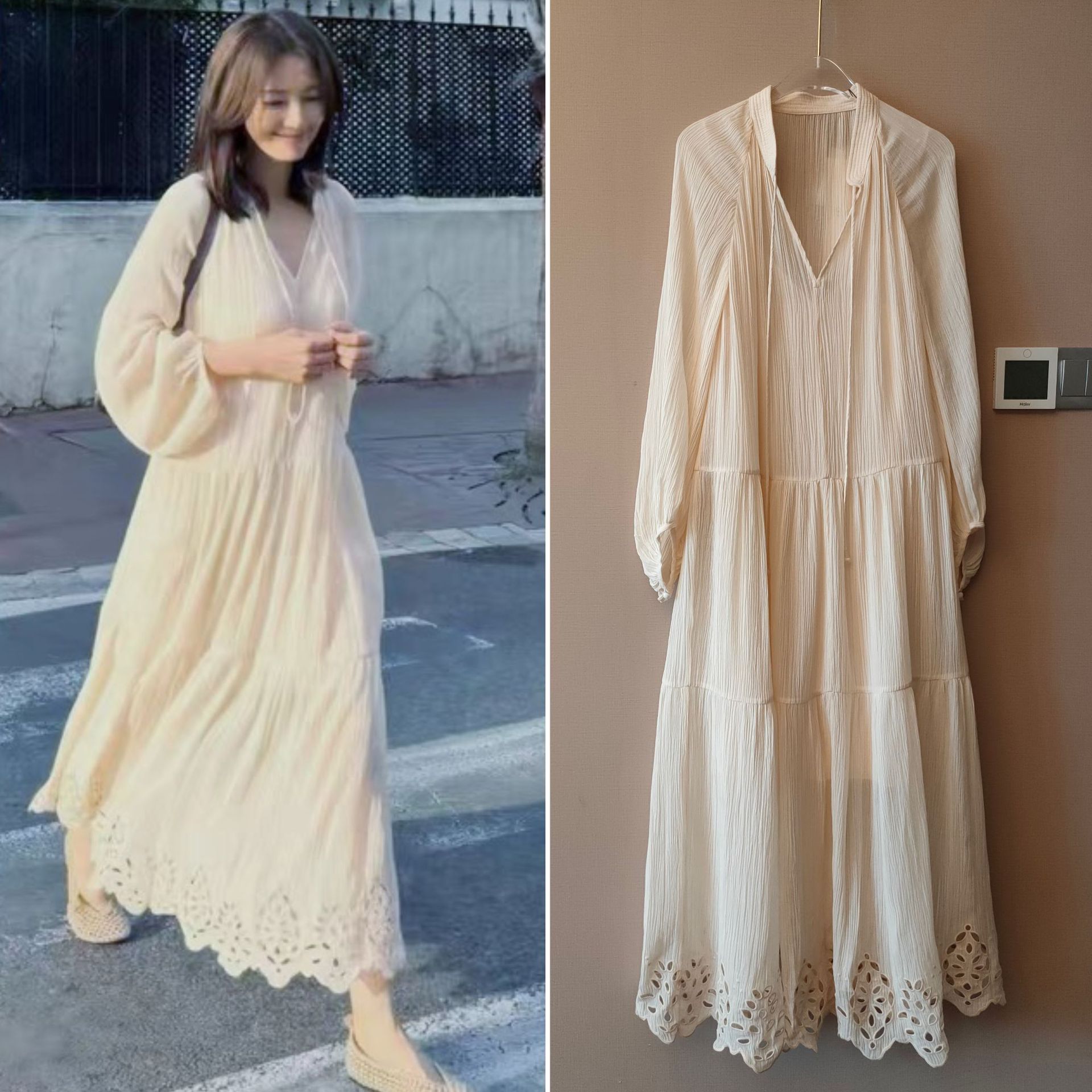 【现货】高圆圆同款米白色连衣裙女新款设计感长裙子