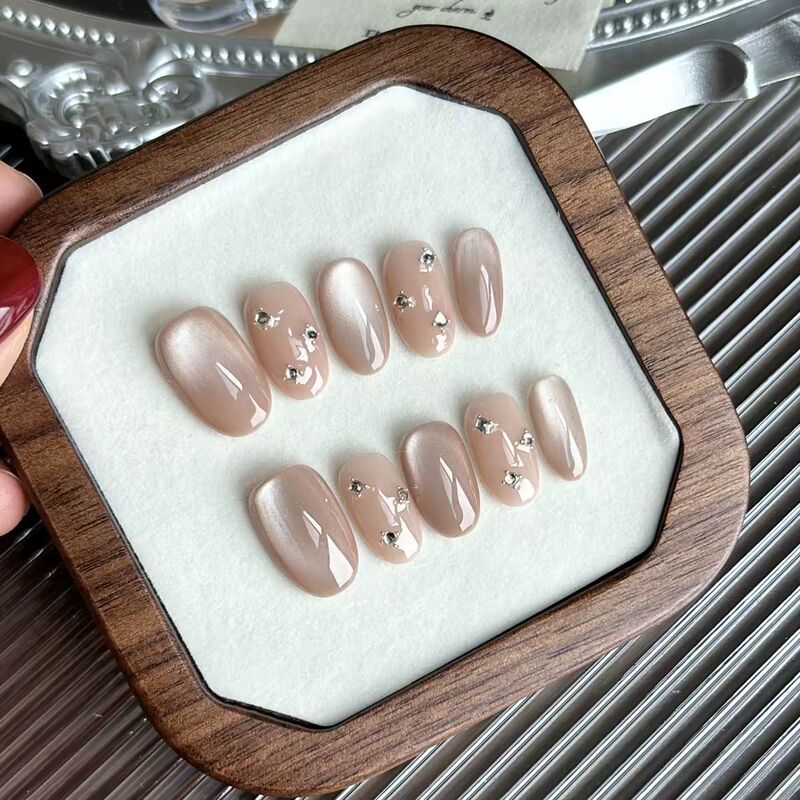 【Half Sugar Star Diamond】Purely Handmade Simple Natural Skin Tone Wearable Nails Nude Color Cat Eye Brightening Nail Stickers Short Style