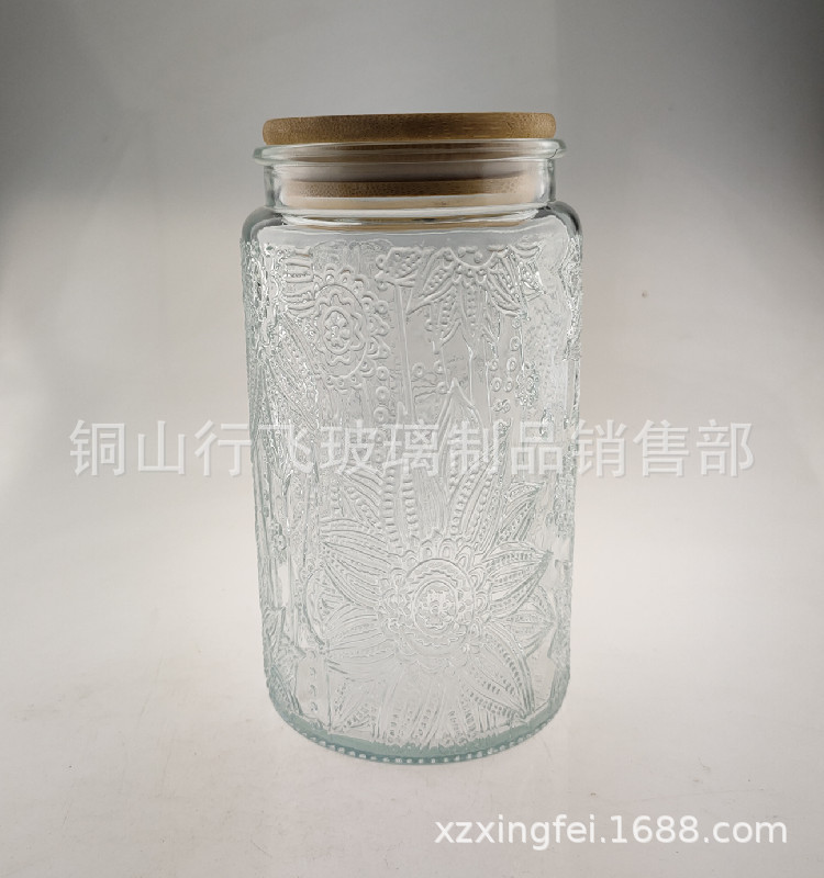 1000ml vintage Begonia en relieve botella de vidrio multi-grano tapa de bambú tarro de té tarro de almacenamiento de vidrio transparente tarro de caramelo