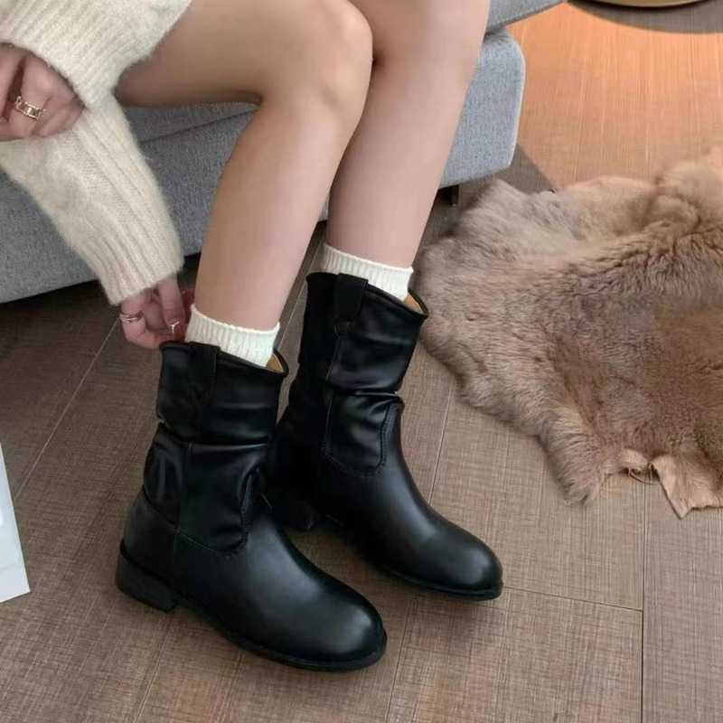 粗跟绒面堆堆靴马丁靴女靴子2025新款春秋季卡其色显瘦法式小短靴|undefined