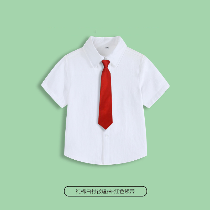Camisa blanca, manga corta, 100% algodón + corbata roja / 110cm