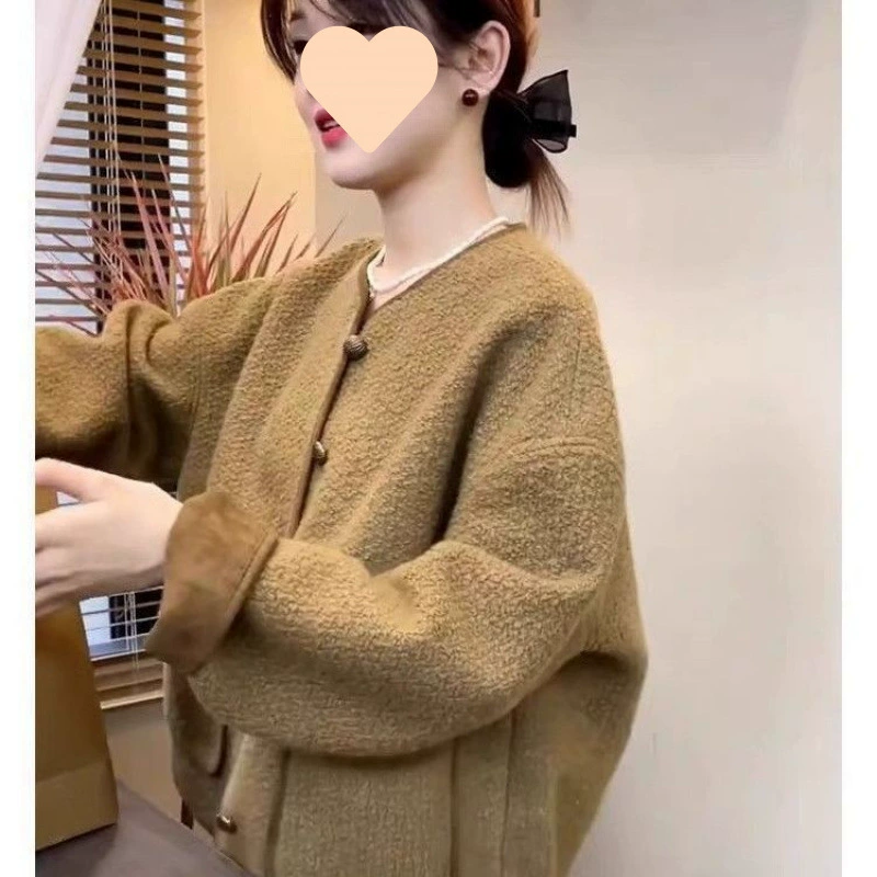 Круглый вырез цельнокроеная шерстяная куртка 2025 осень-зима новая свободная повседневная утягивающая высококачественная верхняя одежда из овчины