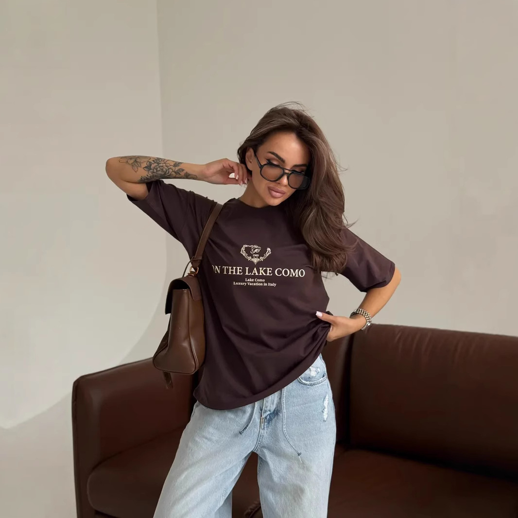 2025 American Style Retro Fashion Casual Ins Style Letter Printed 100 Cotton Short Sleeve T-Shirt All-match Distinctive Top