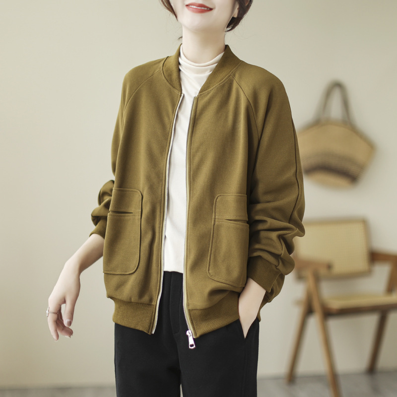 2022 New Style Coat Autumn Women Top Casual Loose Waffe Zipper Black Commuter Women's Jacket