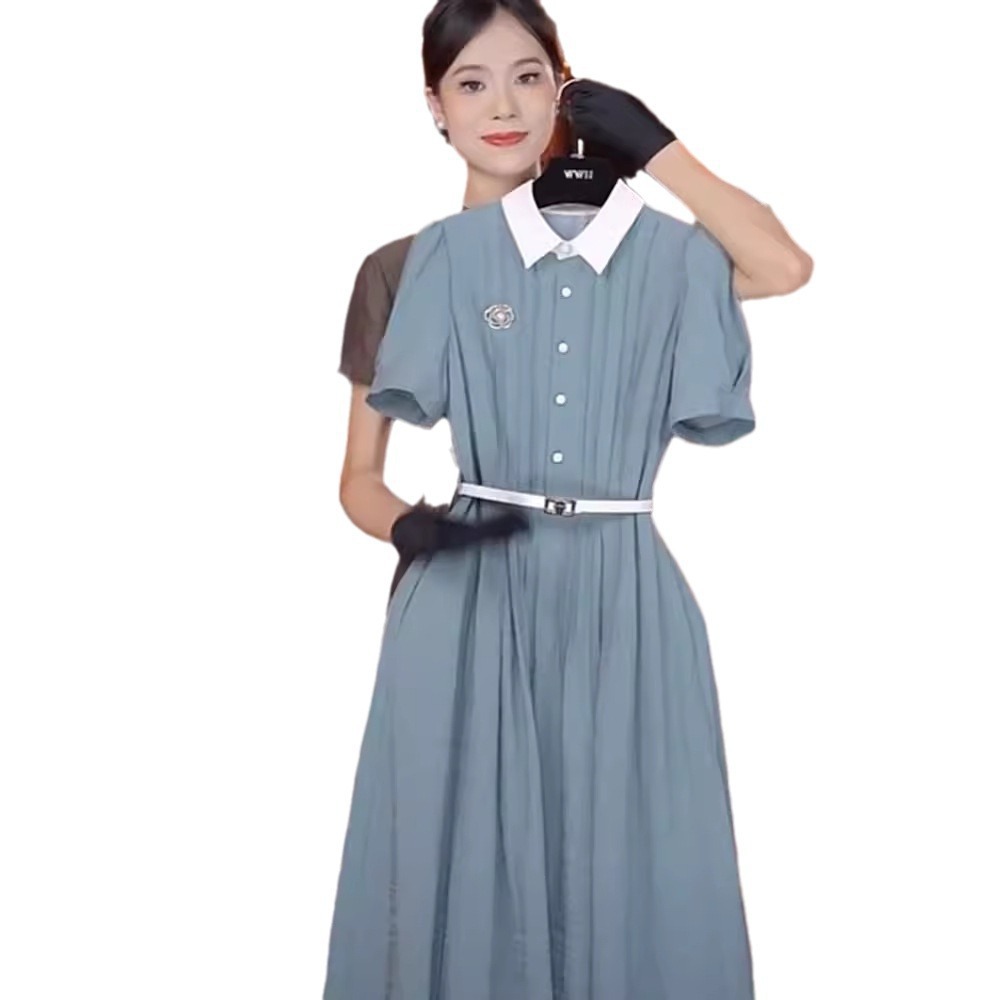 Váy liền màu xanh FL240370 thiết kế thắt eo tinh tế, cao cấp, khí chất quý cô mùa hè — Váy xanh (không có thắt lưng)