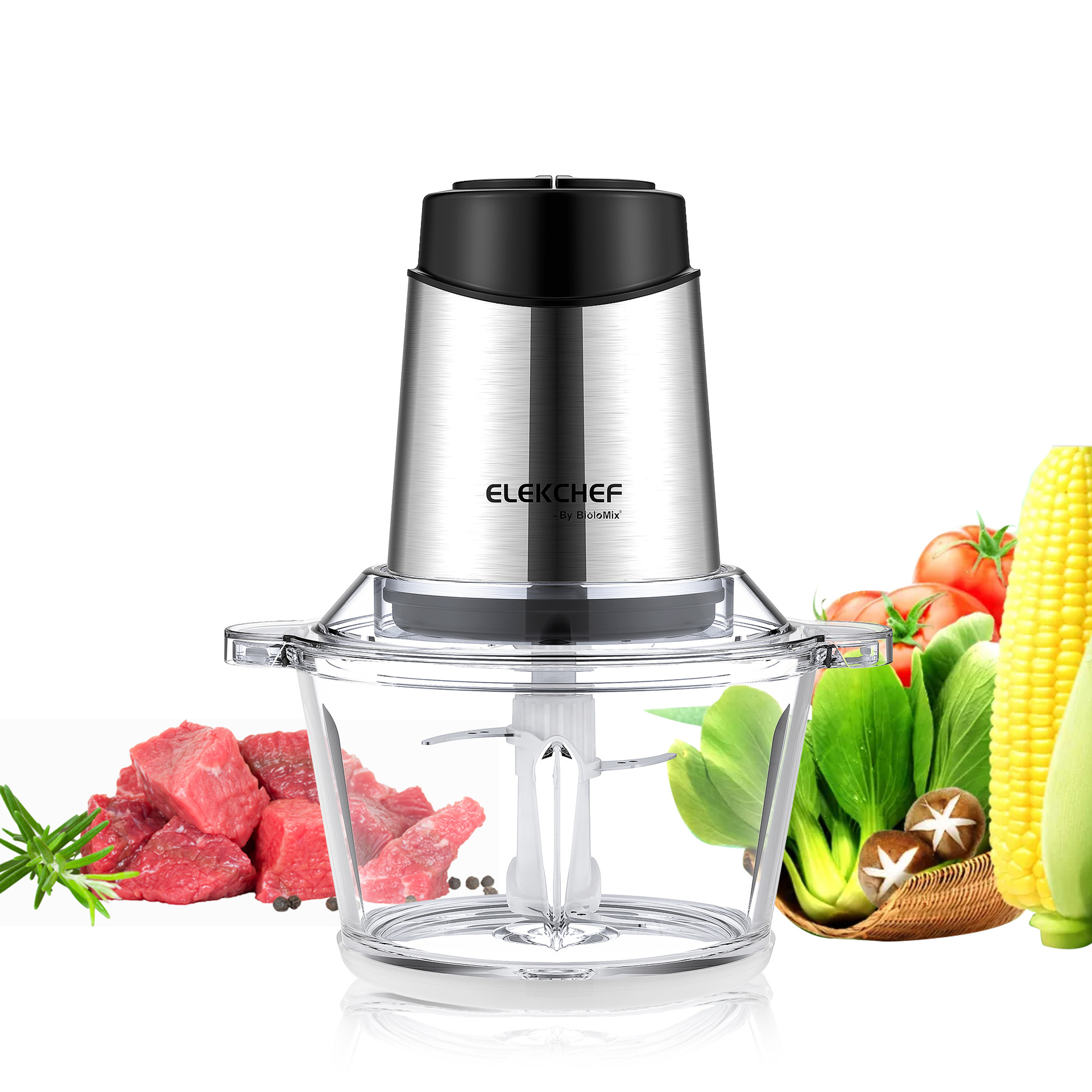 BioloMix Picadora de carne 2L de gran capacidad de dos velocidades tazón de vidrio picadora de carne máquina de alimentos Meat Grinder