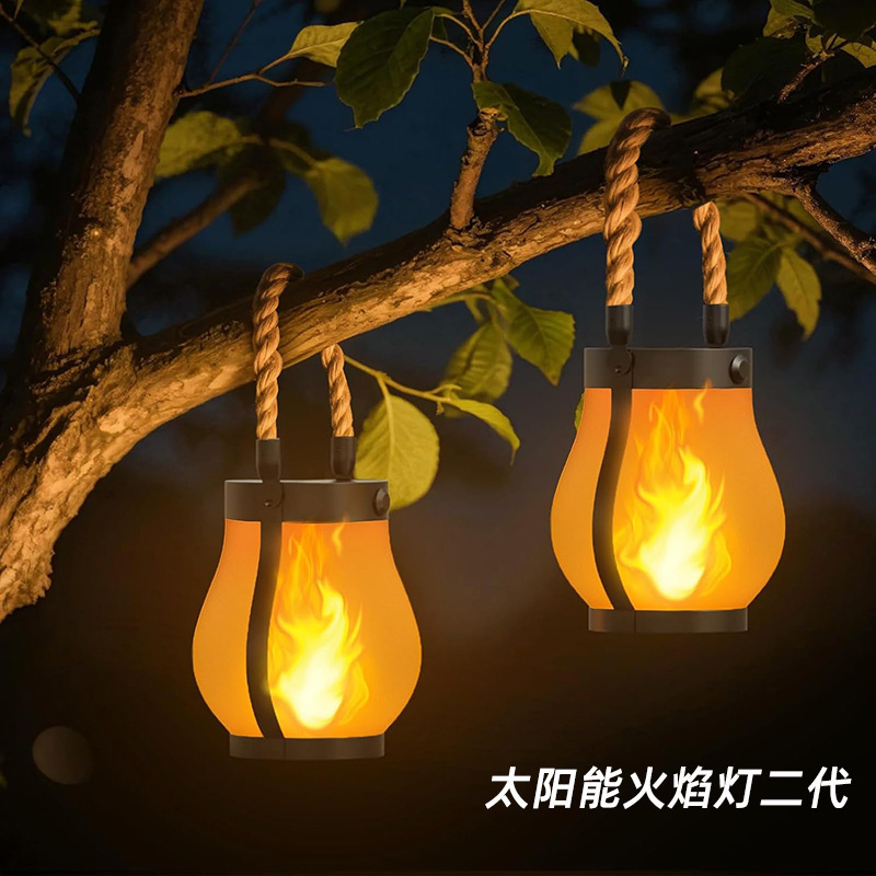 Cross-Border New Solar Flame Lamp, Rechargeable Portable Hemp Rope Lantern, Courtyard Decoration, Outdoor Camping Atmosphere Light