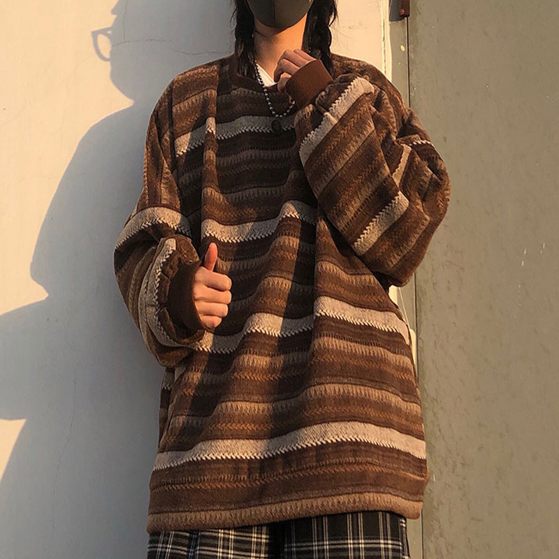 2025 primavera y otoño tendencia en coreano retro perezoso tweed camisa de punto a rayas suéter de cuello redondo para hombres y mujeres