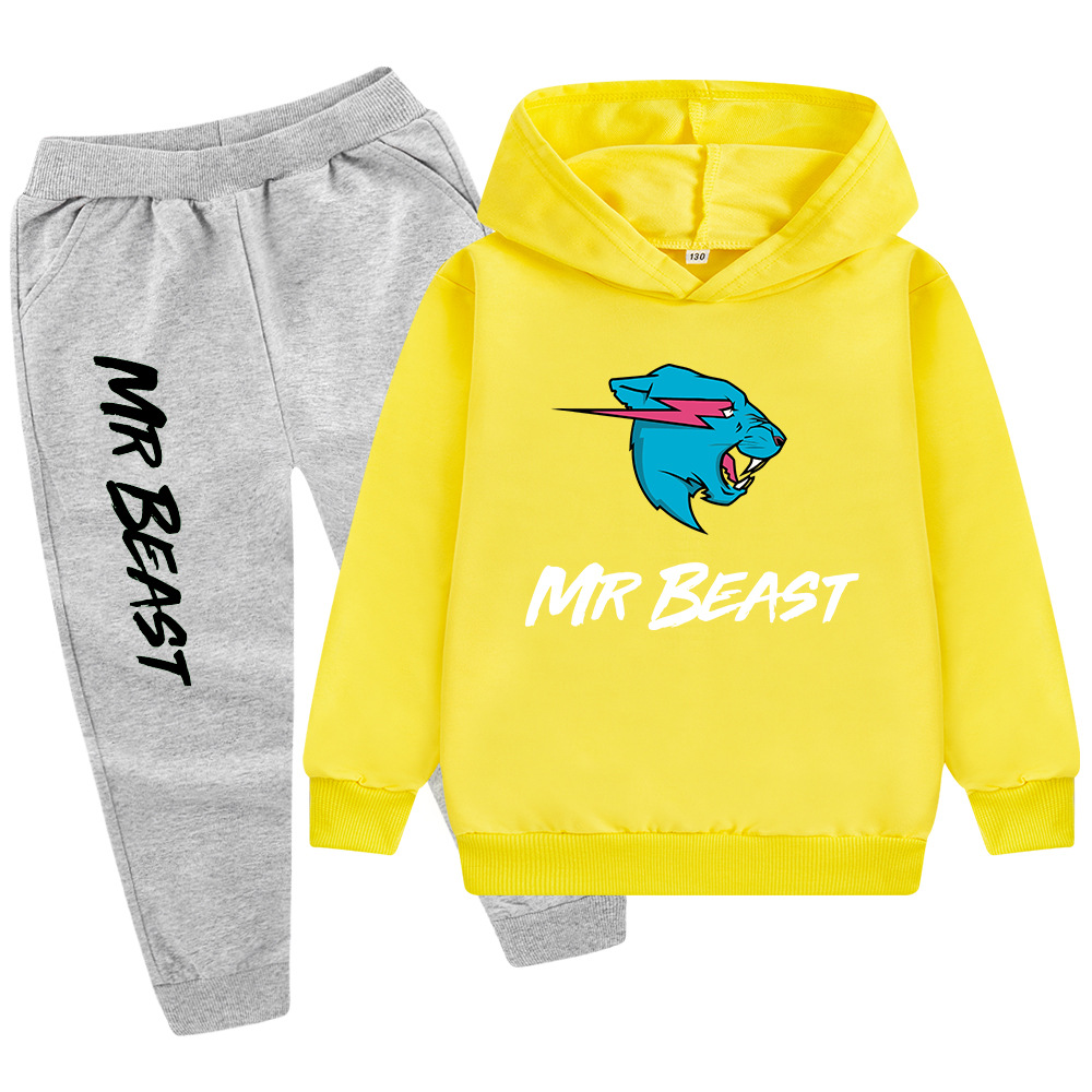 Testa di lupo MR BEAST Cartoon stampato set per ragazzi e bambini felpa con cappuccio maglione + pantaloni PB437_voghion.com