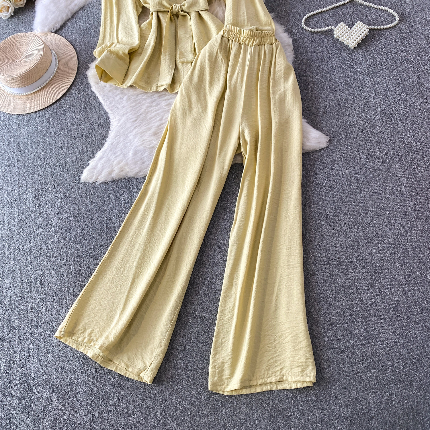 Women's Korean Style Two-Piece Set - Loose Long Sleeve Shirt With Tie-Waist & Wide Leg Trousers, Casual Office Wear Summer Outfit_ecoleips.com