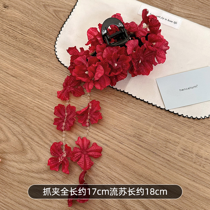 超仙唯美气质粉色蓝色蝴蝶花朵串珠流苏发夹女温柔氛围感抓夹发饰|undefined