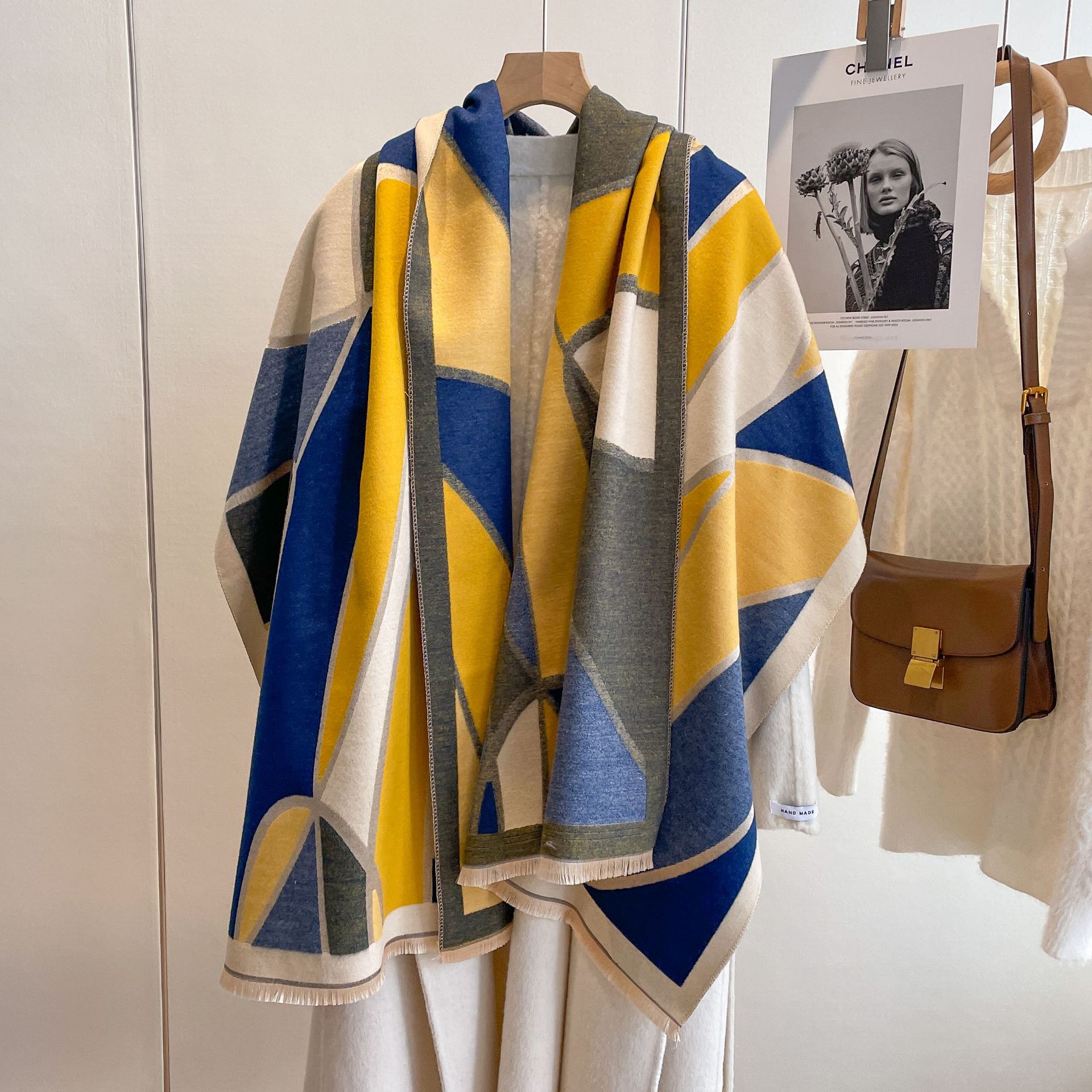 Estilo coreano color geométrico a juego de doble cara gruesa cálida bufanda mujer Otoño e Invierno Nueva bufanda de Cachemira aire acondicionado chal de doble uso