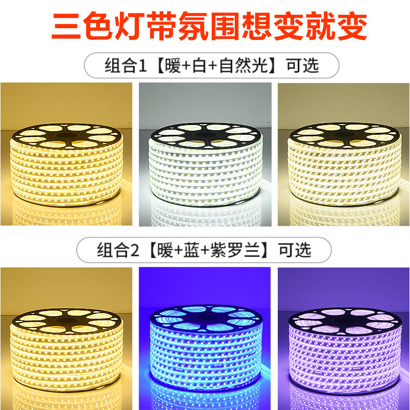 220v de alta presión 2835 flexible tres colores suaves 5050rgb cinturón de luz led de neón al por mayor al aire libre resistente al agua 5730 tira de luz