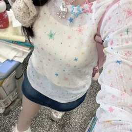 甜美星星印花长袖T恤女显瘦修身一字肩上衣夏季新款紧身显瘦气质