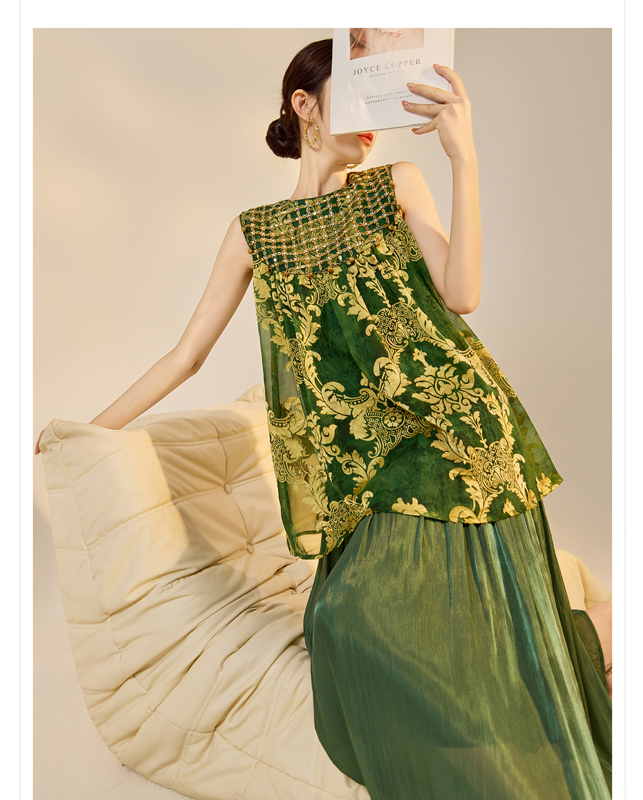 Đầm maxi nữ phong cách Trung Hoa mới, tay không, đính cườm lụa, dáng thắt eo N6041 — màu vàng, xanh lá cây chi tiết 10