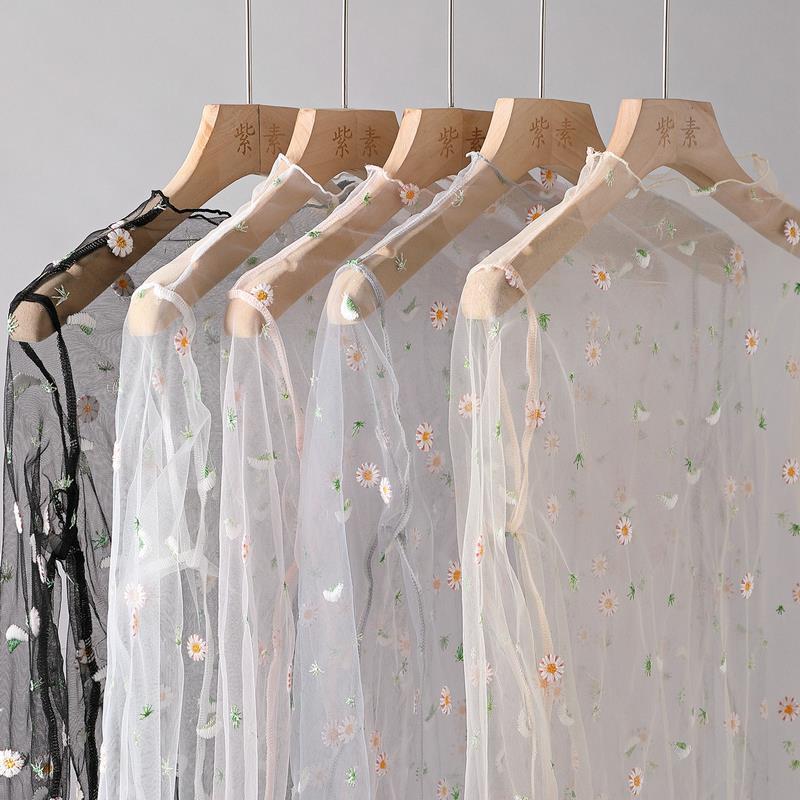 New Arrival Daisy Embroidered Mesh Clothes Long-Sleeved T-Shirt Women's Summer Thin Sunscreen Shirt Embroidered Inner Base Shirt