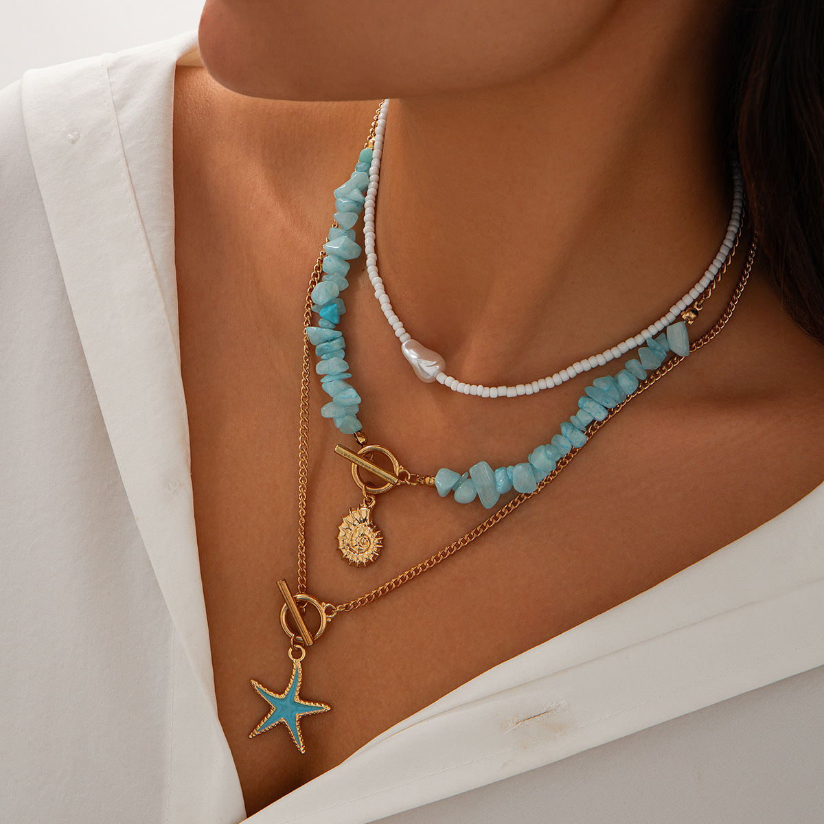 Holiday, Beach Occasion Vacation Star Alloy Turquoise Iron Cuban Link Chain Curb Chain Layered Necklaces Wholesale
