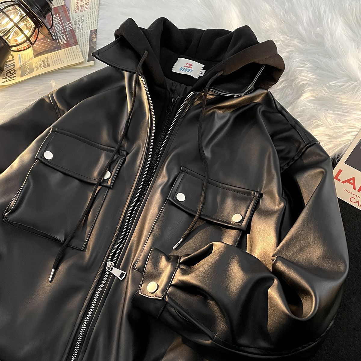 Vintage Style Women's Leather Baseball Jacket Two-In-One Hooded New Versatile Loose Motorcycle Jacket Couple Top