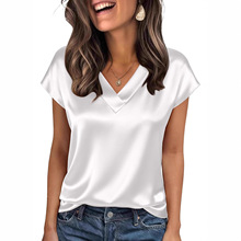 亚马逊爆款欧美跨境丝绸V 领商务休闲装女装时尚休闲短袖衬衫t恤