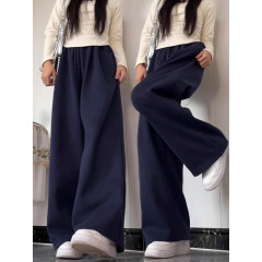 ネイビーブルーワイドレッグカジュアルパンツ女性用春と夏薄い大きいサイズファットmmハイウエストスリムルーズドレープスポーツパンツ