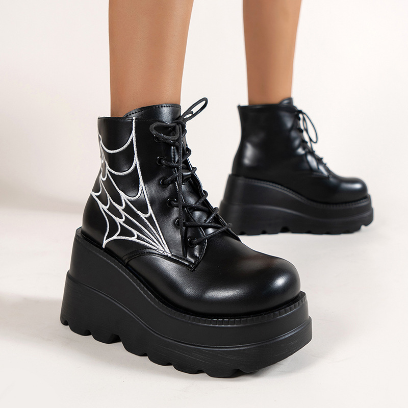 Cross-border plus size spider web embroidered small punk ankle boots ins Gothic style lace-up platform boots fashion women's boots