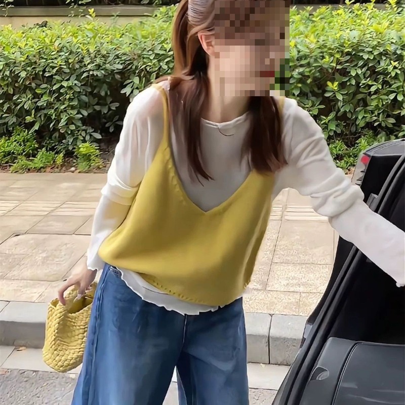 韩版温柔风长袖打底衫T恤+后背绑带针织衫马甲叠穿上衣两件套女秋|undefined