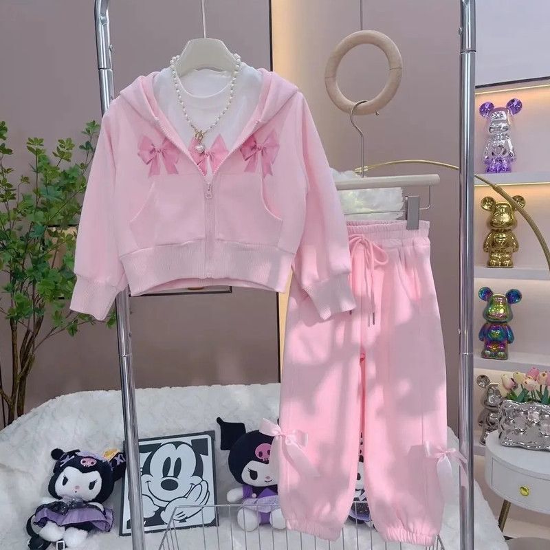 女童春秋套装2025新款中大童休闲连帽外套打底衫运动束脚裤三件套|undefined