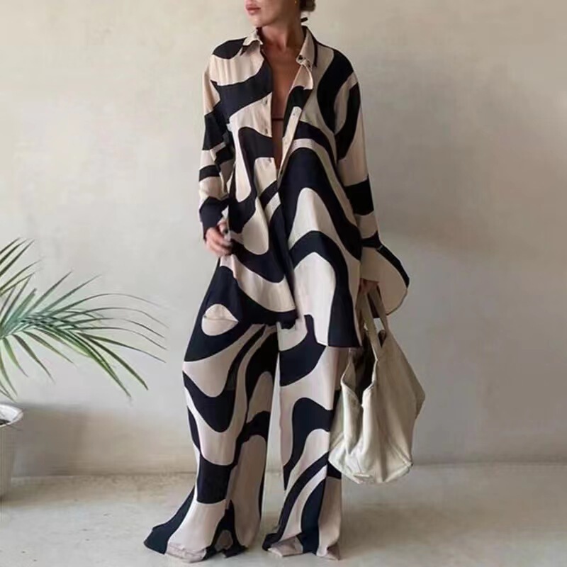 Cross-border new European and American printing suit loose long sleeve v straight pants dress travel leisure a generation of hair