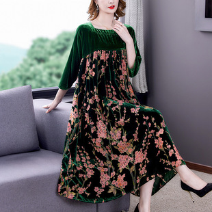 Spring and autumn women's high-end loose temperament velvet splicing large size printed European goods large swing dress with fine workmanship