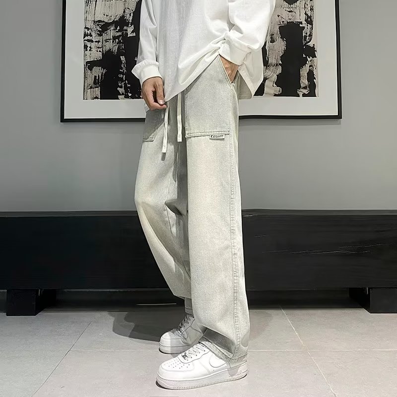 Jeans chicos 2024 primavera y otoño americano retro amarillo barro lavado desgastado holgado recto marca de moda pantalones anchos de calle alta