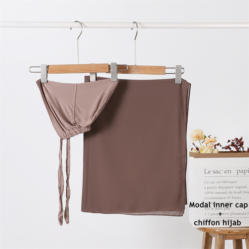 Cross-border modal elastic elastic lace bottom hat and solid color pearl chiffon scarf set for dropshipping