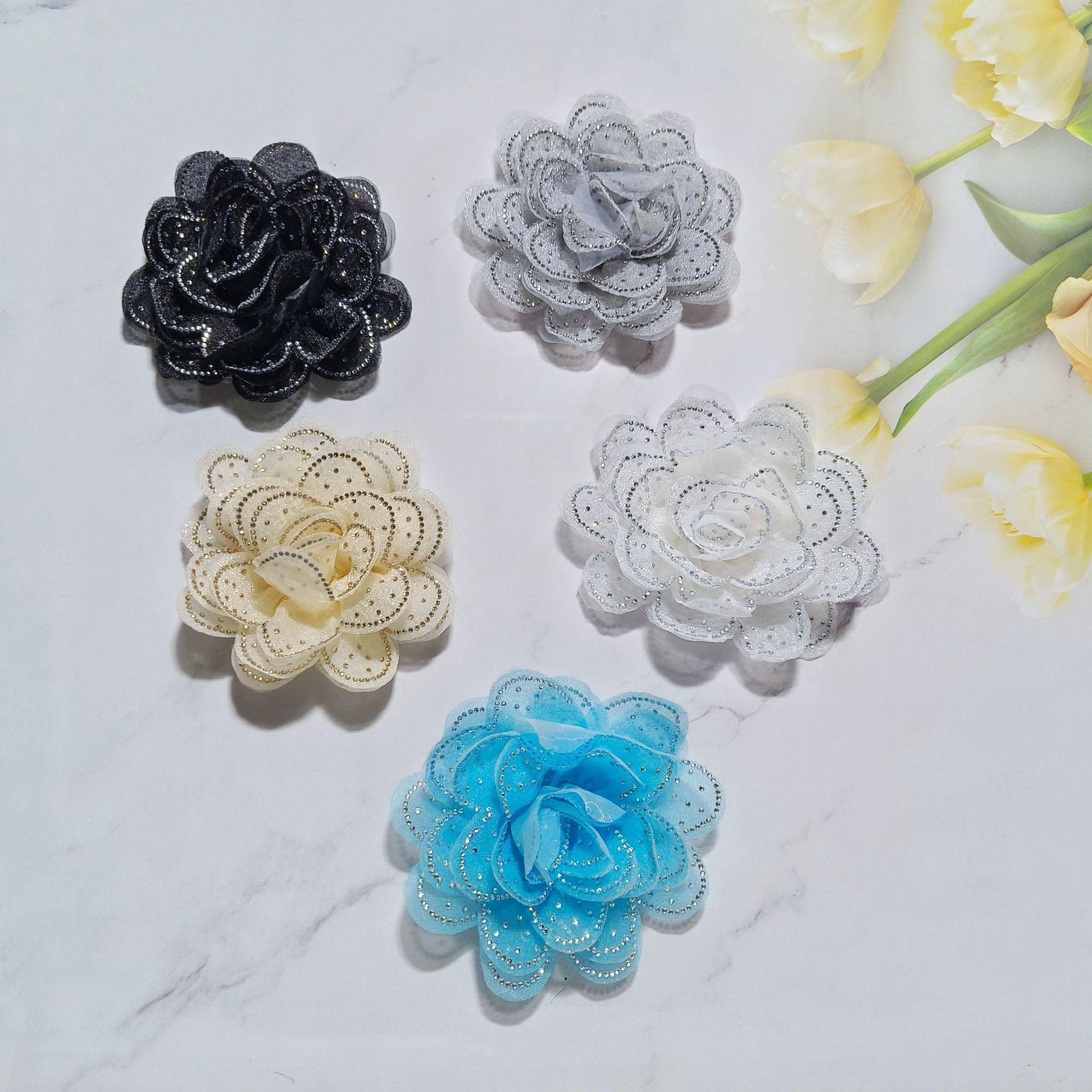 新款现货网纱烫钻立体大花布贴服装胸花发箍diy装饰花朵补丁贴