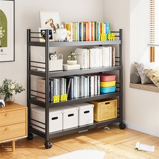 Thickened Steel Bookshelf with Wheels Study Storage Rack Storage Rack Floor-Standing Multi-Layer Household Movable Storage Rack for Bedroom