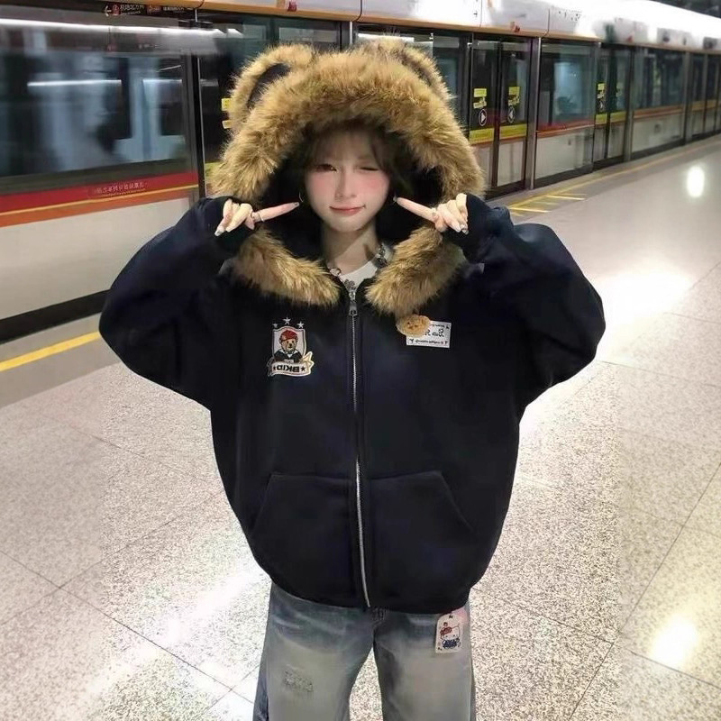 American Style 2025 Autumn and Winter Bear Ear Fur Collar Hooded Sweatshirt Jacket for Women, Fleece-Lined Korean Style College Zipper Cardigan