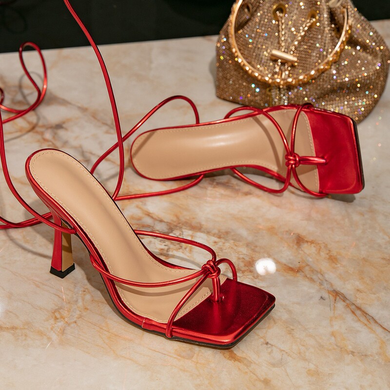 Metallic Square-Toe Sandals—Design with Lace-Up Toe Straps and Ankle Straps Paired with Stiletto Heels in an Artistic Retro Style Metallic Square-Toe Sandals—Design with Lace-Up Toe Straps and Ankle Straps Paired with Stiletto Heels in an Artistic Retro Style