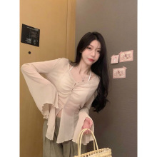 纯欲风防晒开衫女装夏季2025新款薄款设计感V领喇叭长袖甜美上衣