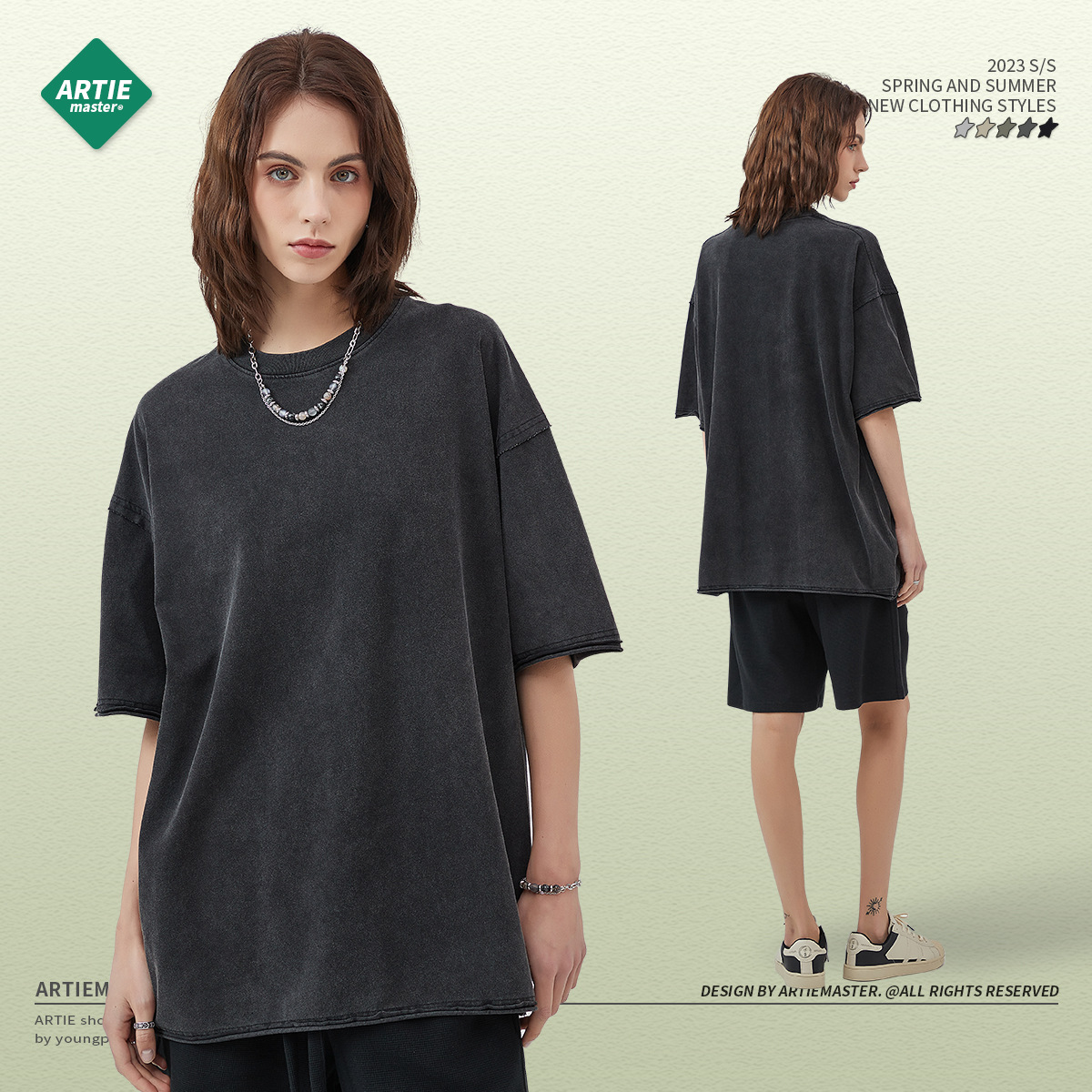 ARTIE Delgado de los hombres 275g de lavado pesado camiseta suelta marca de moda de la calle