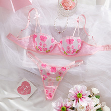 2025款新款欧美时尚玫瑰刺绣透视性感蝴蝶结花仔丁字裤套装25056