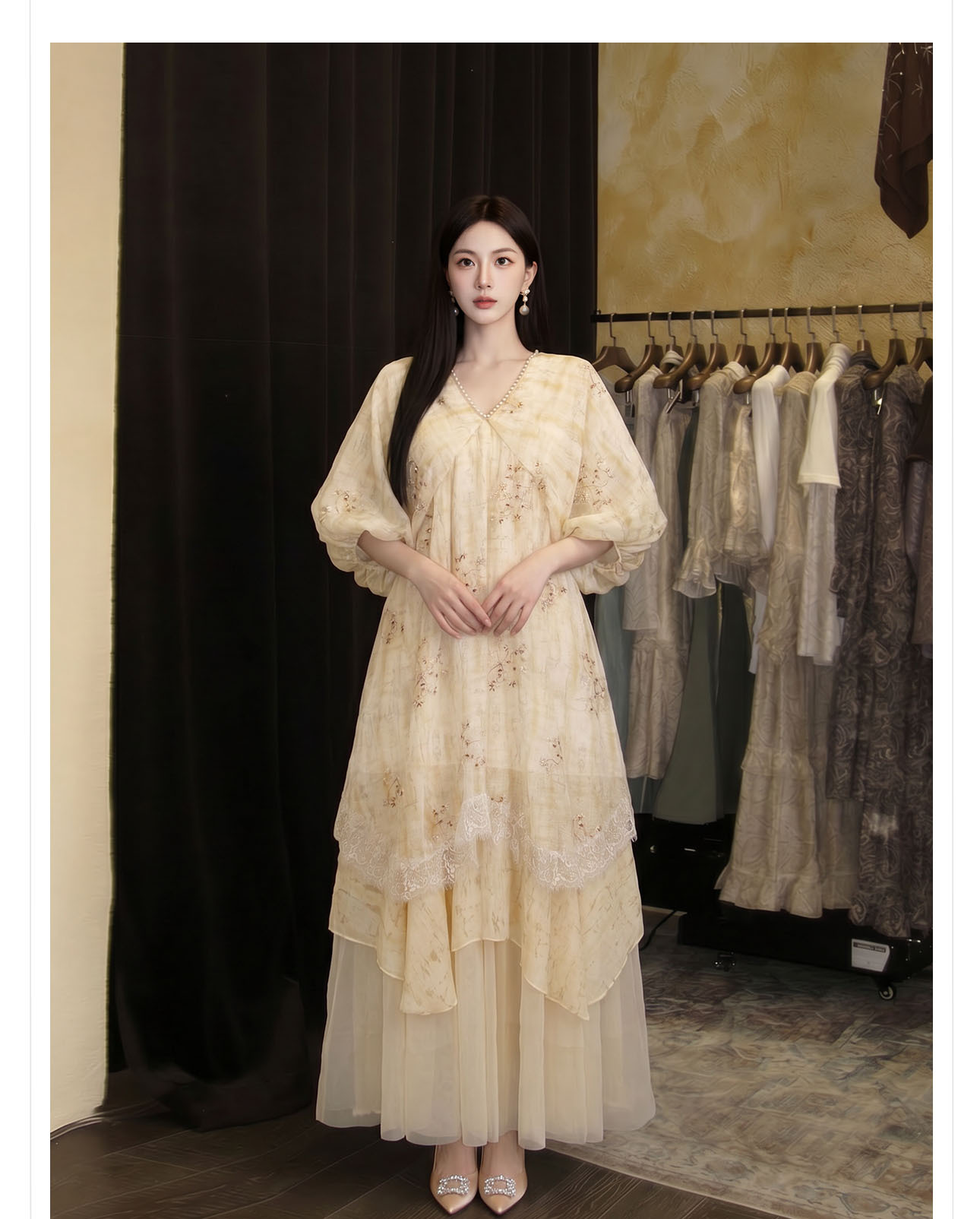 Đầm maxi nữ thắt eo phong cách Tân Trung Hoa, tay ngắn, cổ viền ren, thêu hoa tinh tế — màu trắng ngà chi tiết 7