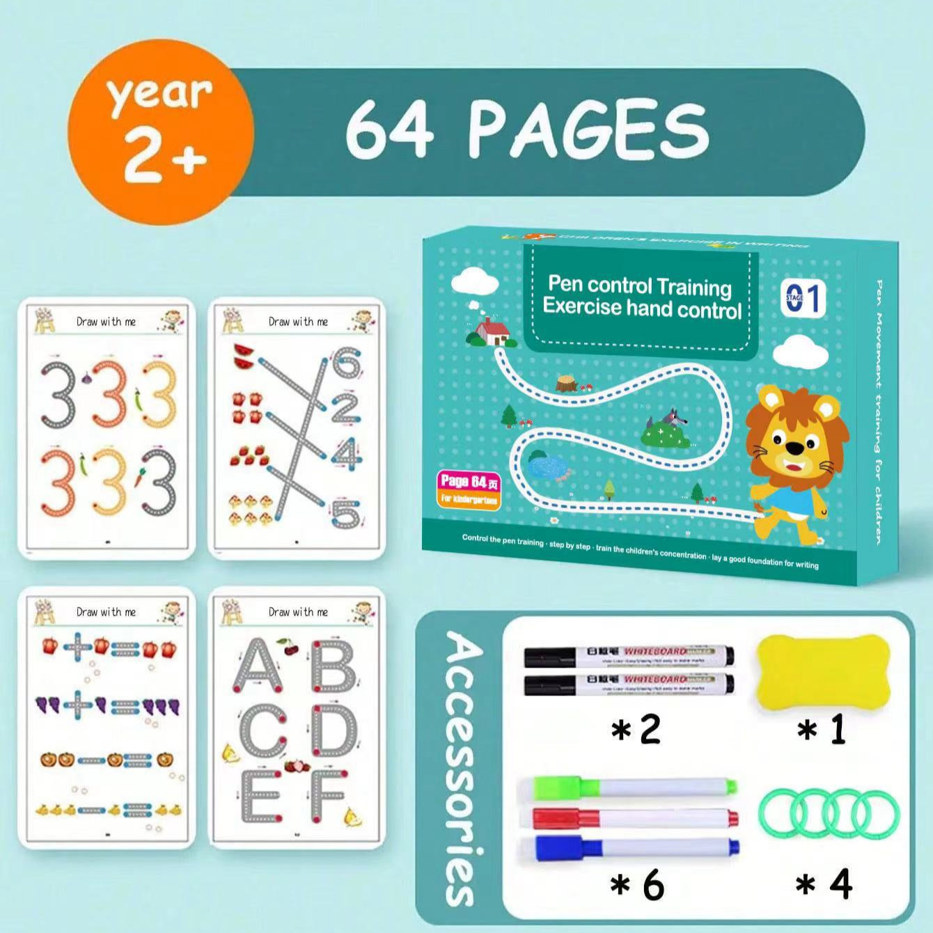 Cuaderno de entrenamiento de escritura infantil – borrable, educativo, preescolar, concentración y motricidad