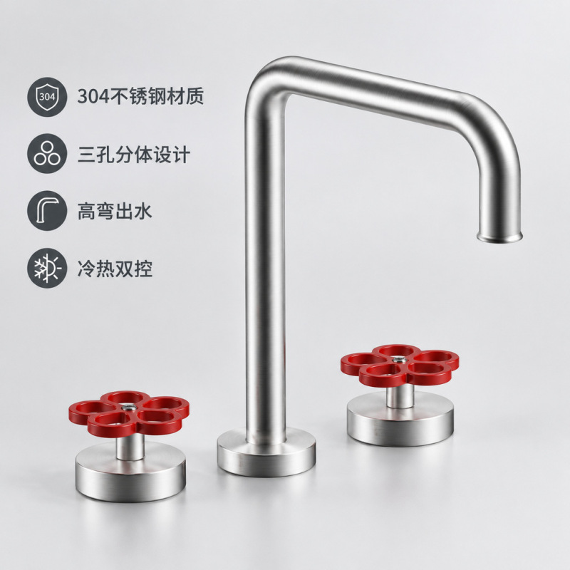 304 Stainless Steel Three-Hole Kitchen Faucet, Hot and Cold Water Separate Type, Cross-Handle High Bend Sink Faucet 304 Stainless Steel Three-Hole Kitchen Faucet, Hot and Cold Water Separate Type, Cross-Handle High Bend Sink Faucet