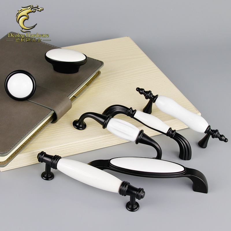 歐美式黑白色陶瓷拉手 現代簡約櫥柜子 田園抽屜衣櫃門把手小單孔