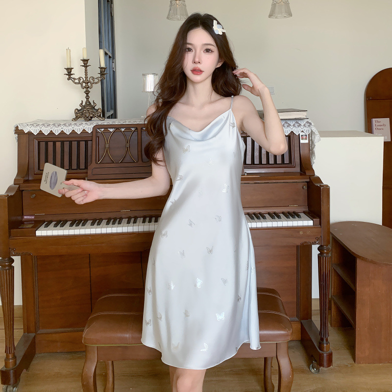 2024 verano plata caliente mariposa alta sensualidad hielo y nieve jacquard delgado collar swing vestido de pijama de mujer pura