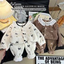 新款儿童保暖套装冬款男童外穿女童加绒对襟睡衣宝宝加厚家居服