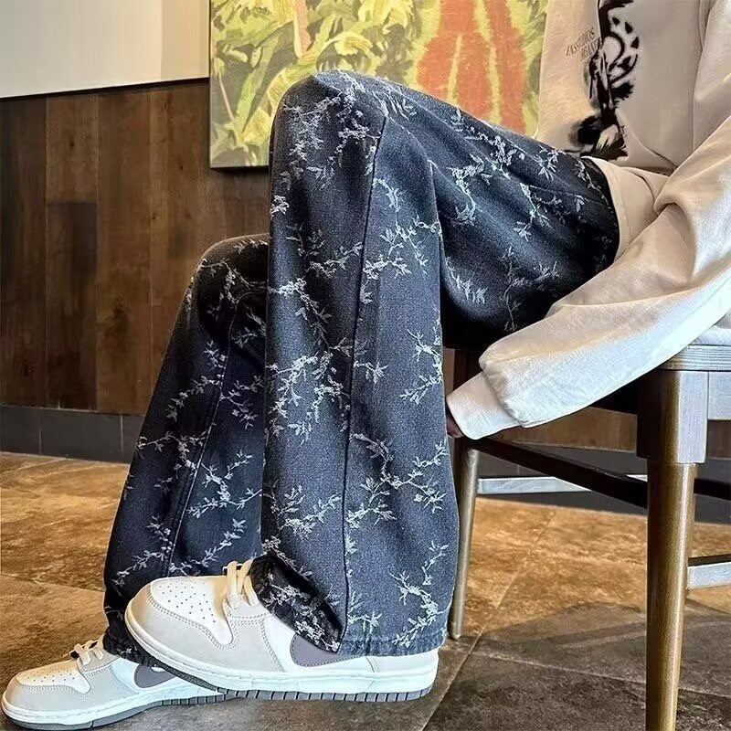Primavera americana retro lavado con agua gradiente jacquard jeans hombre estilo de diseño americano delgado pantalones rectos