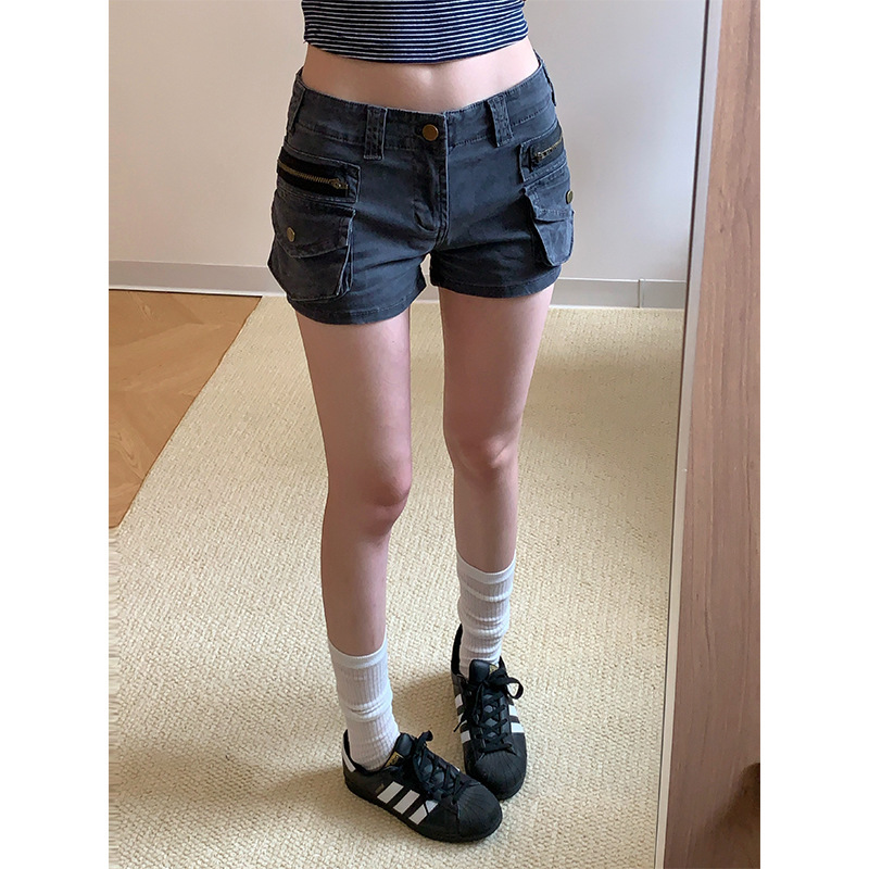 Trendy Hot Girl ~ Figure Management Cargo Pocket Low-Rise Washed Versatile Slimming Denim Shorts for Women Summer New Style